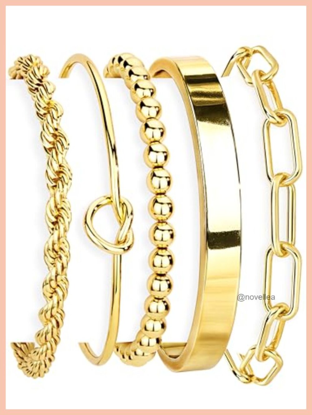 14K Gold Plated Stainless Steel Bracelet Set for Women, Cuff, Chain & Beaded